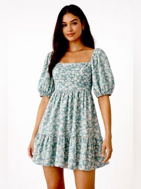 NWT Teal Green Floral Puff Sleeve Emerson Abercrombie Dress